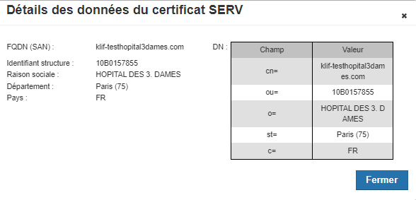 Détails des données du certificat SERV