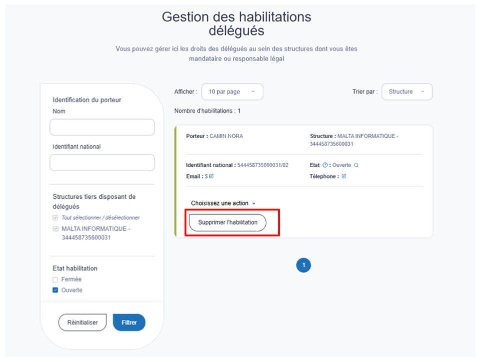 Je sélectionne « Supprimer l’habilitation »