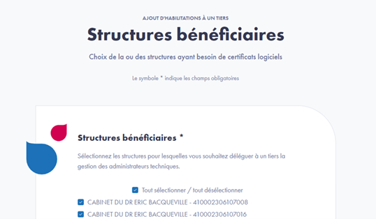2.	Je sélectionne la structure pour laquelle je souhaite déléguer la gestion des certificats