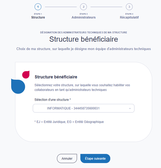 Je sélectionne la structure bénéficiaire sur laquelle je souhaite habiliter mes collaborateurs en tant que délégués