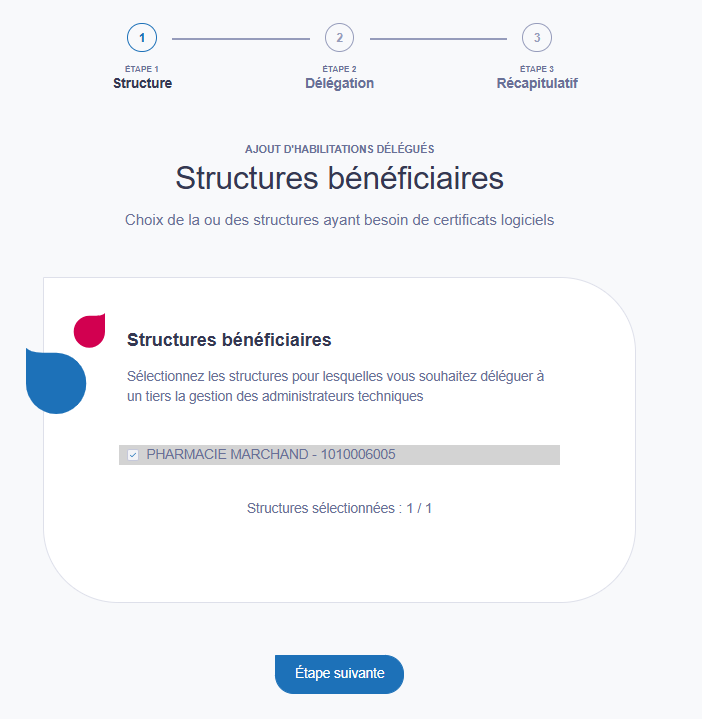 2.	Je sélectionne les structures pour lesquelles je souhaite déléguer la gestion des certificats