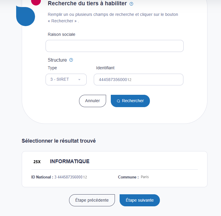 résultat de la recherche du tiers à habiliter